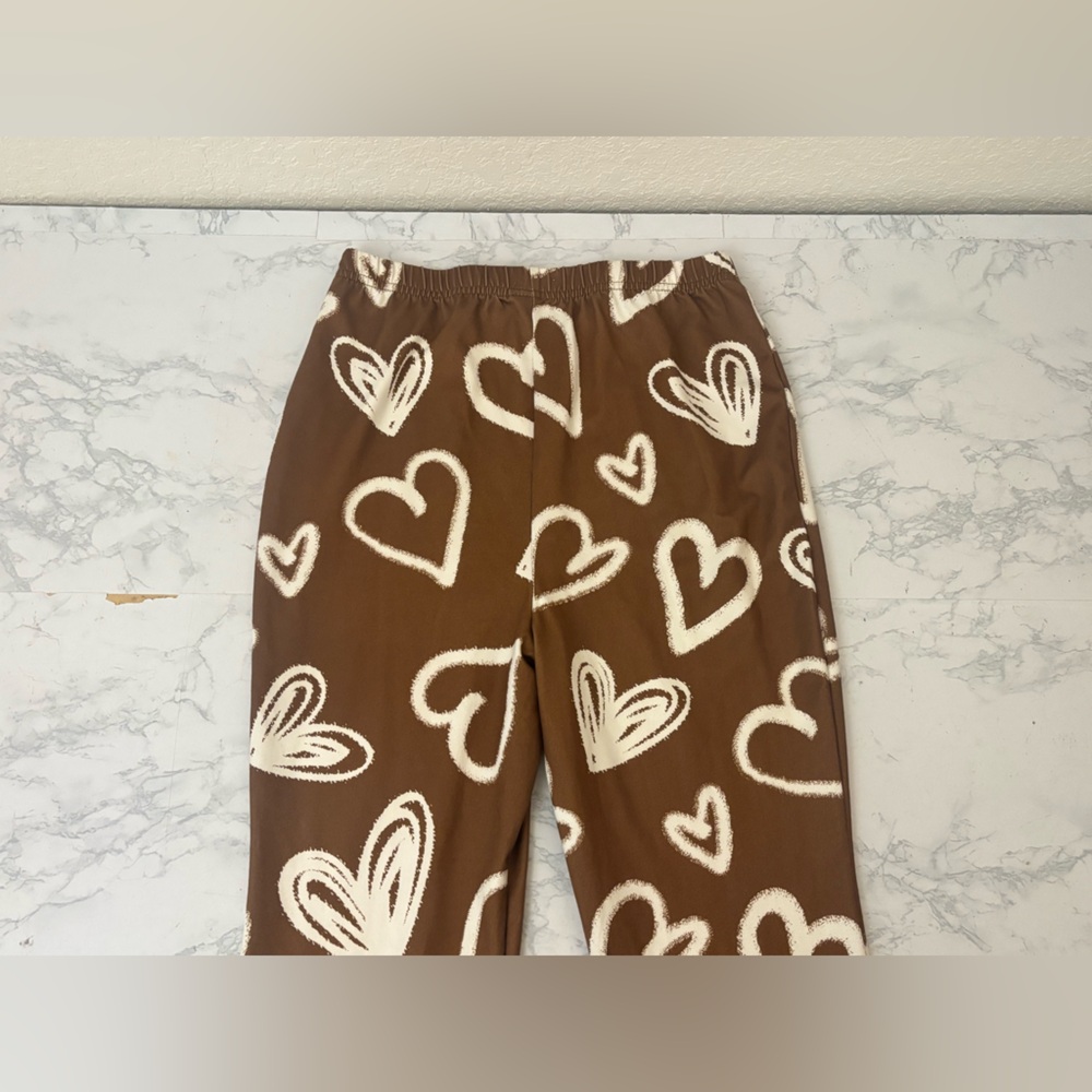 Shein Pants Teen 12-13Y Brown Flare Leg Retro Pants Velour Hearts Stretch Soft - Picture 2 of 6